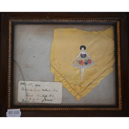 621 - #A yellow silk handkerchief embroidered with a dancing-girl - label inscribed April 2nd 1926, Palais... 