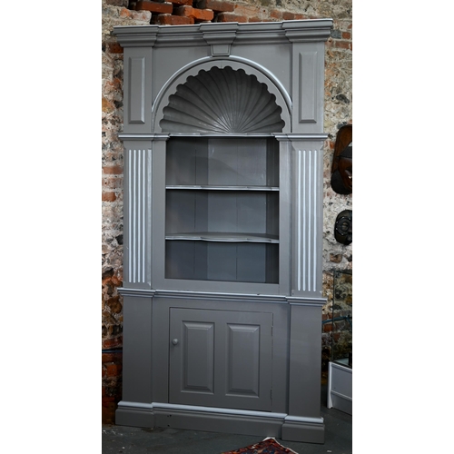 626 - A companion pair of bespoke commissioned Georgian country house styled corner bookcases, with moulde... 