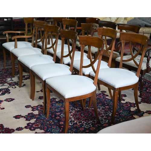 637 - A set of ten traditional Italian fruitwood framed  dining chairs, with cross splats and overstuffed ... 