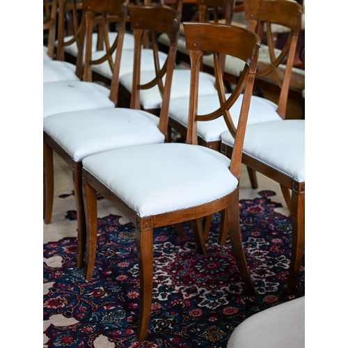 637 - A set of ten traditional Italian fruitwood framed  dining chairs, with cross splats and overstuffed ... 