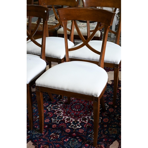 637 - A set of ten traditional Italian fruitwood framed  dining chairs, with cross splats and overstuffed ... 