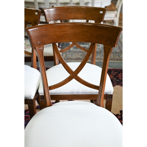 637 - A set of ten traditional Italian fruitwood framed  dining chairs, with cross splats and overstuffed ... 