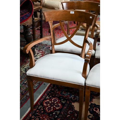 637 - A set of ten traditional Italian fruitwood framed  dining chairs, with cross splats and overstuffed ... 