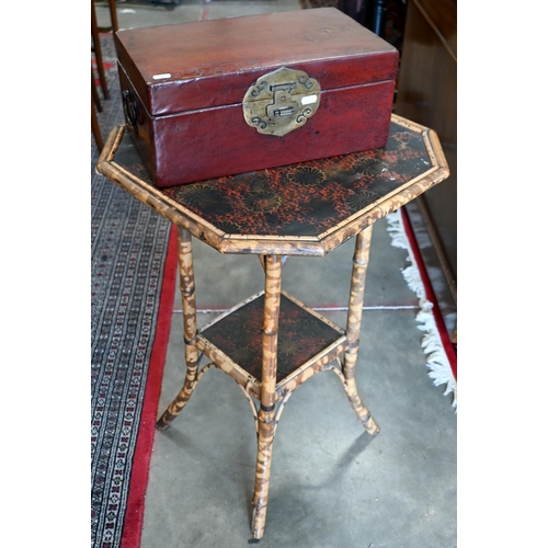 644 - A Victorian octagonal bamboo occasional table with Japanned top panel and under tier to/w lacquered ... 