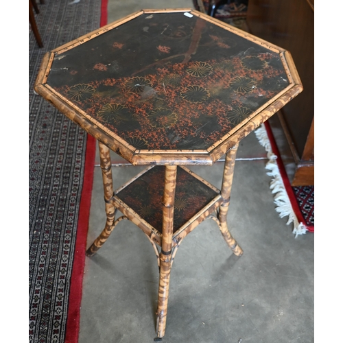 644 - A Victorian octagonal bamboo occasional table with Japanned top panel and under tier to/w lacquered ... 