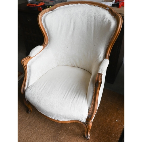 656 - A French beech-framed fauteuil armchair, upholstered and covered in cream brocade, on cabriole suppo... 