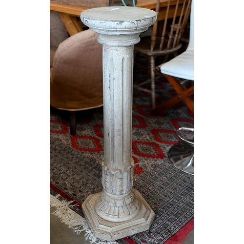 661 - A carved wood classical pillar pedestal with distressed paint finish, 94cm high, to/w two folding lu... 