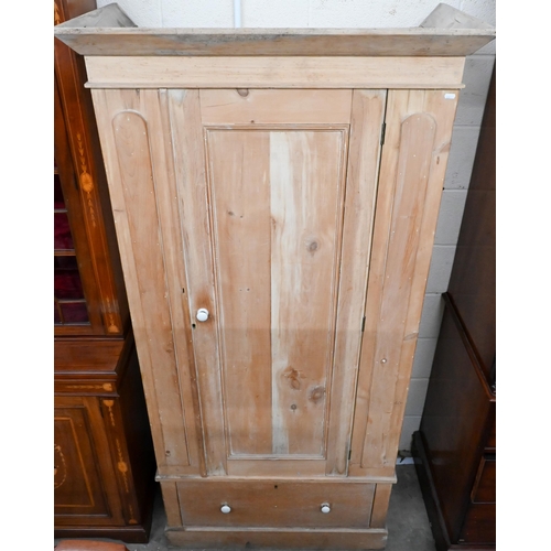 665 - Antique pine single door wardrobe with 1 drawer to base, 196 x 95cm