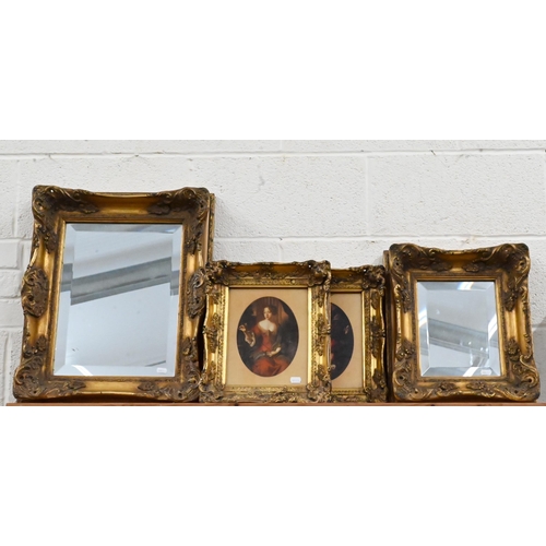 679 - A pair of antique style giltwood framed prints 35 cm x 30 cm to/with two similarly styled mirrors, 5... 