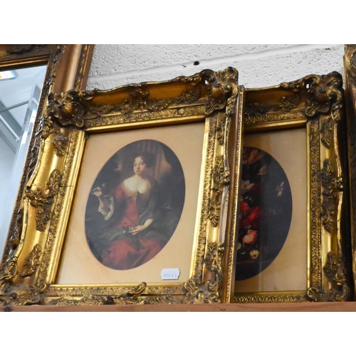 679 - A pair of antique style giltwood framed prints 35 cm x 30 cm to/with two similarly styled mirrors, 5... 