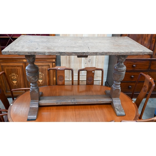 683 - A small burr elm refectory table with cleated ends, on cup and cover supports, 122 x 56 cm