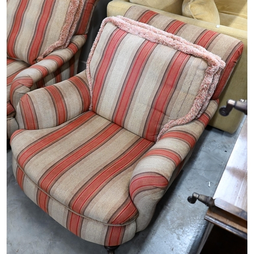 688 - A pair of mahogany framed country house armchairs in red/beige striped fabric upholstery