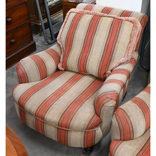 688 - A pair of mahogany framed country house armchairs in red/beige striped fabric upholstery