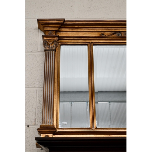 689 - A Georgian style gilt framed overmantel mirror with three bevelled plates, 78 x 150 cm