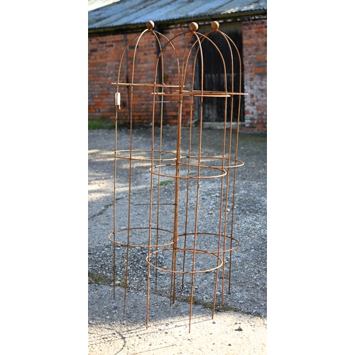 84 - A trio of weathered steel ball head obelisk plant frames, approx. 154 cm h (3)