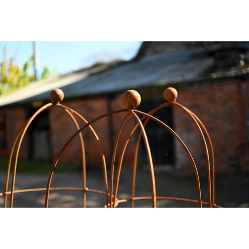 84 - A trio of weathered steel ball head obelisk plant frames, approx. 154 cm h (3)