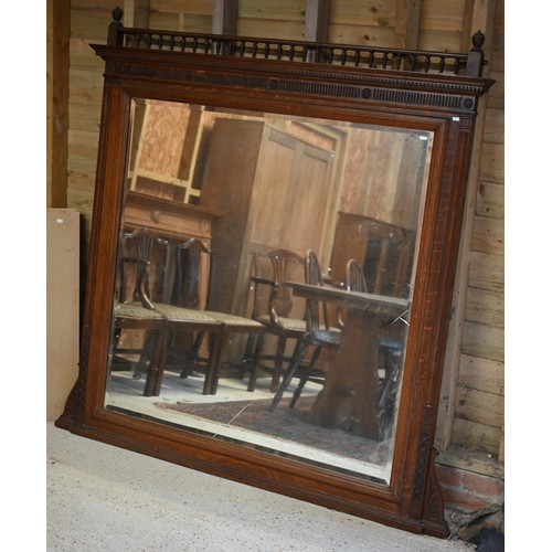 332 - #A large late 19th century oak over-mantel, with bevel edged mirror, a/f, 183 cm x 49 cm x 82 cm h