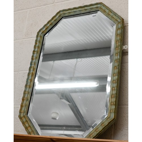 160A - A bevelled octagonal mirror in rippled painted framed, 82 x 56 cm to/w Continental bevelled mirror i... 