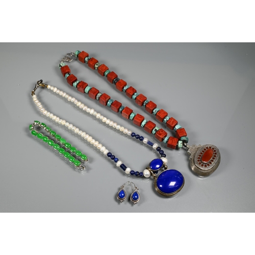 285 - Two modern necklaces including turquoise and red hardstone, lapis lazuli and freshwater pearl with m... 