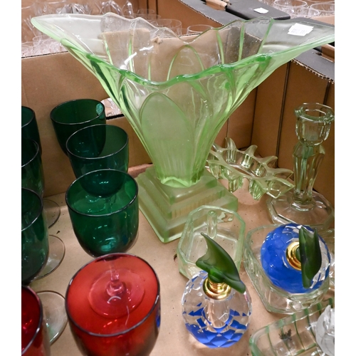 420 - # A matched set of six Victorian green glass drinking glasses, a similar matched set of cranberry gl... 