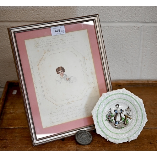 450 - # A framed early 19th century pencil and watercolour portrait sketch of a young boy, surrounded by m... 