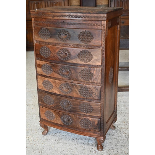 538 - An Anglo-Indian Sheesham wood bowfront tallboy with hinged top with green velvet lined compartmental... 