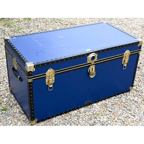 102 - #A blue Mossman school trunk / coffee table, 99 cm x 51 cm x 50 cm, no key