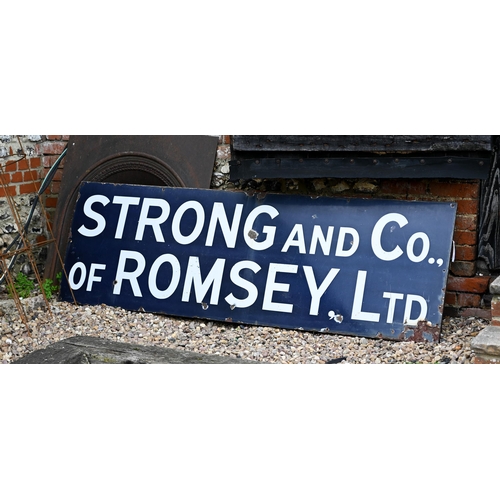 105 - 'Strong and Co of Romsey, Ltd', a large vintage enamel brewery sign, displaying damages, 206 cm x 65... 