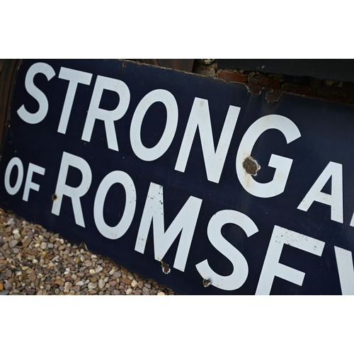 105 - 'Strong and Co of Romsey, Ltd', a large vintage enamel brewery sign, displaying damages, 206 cm x 65... 