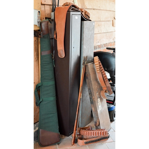 107 - Two old gun cabinets to/w four cartridge belts, a gun case, cleaning rods, rifle carry case etc