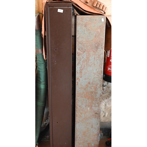 107 - Two old gun cabinets to/w four cartridge belts, a gun case, cleaning rods, rifle carry case etc