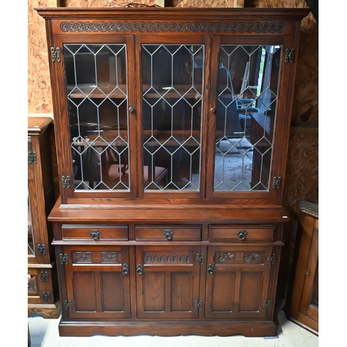 113 - An Old Charm oak half lead lattice glazed bookcase cabinet, with drawers and cupboards, 134 cm x 45 ... 