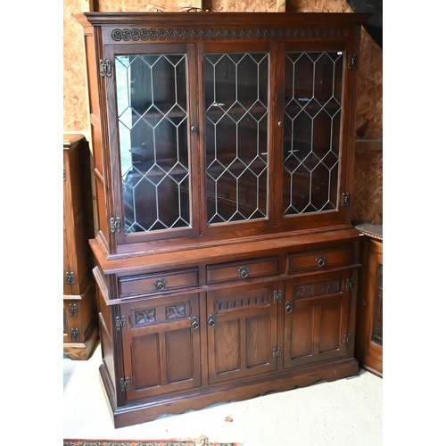 113 - An Old Charm oak half lead lattice glazed bookcase cabinet, with drawers and cupboards, 134 cm x 45 ... 