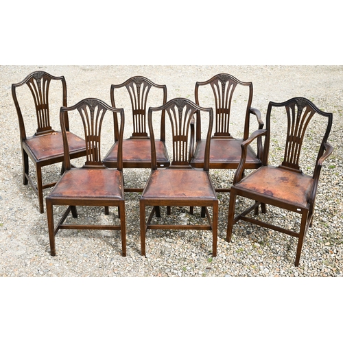 116 - A set of six Hepplewhite style mahogany dining chairs, carved with wheatsheaf motif and with brown l... 