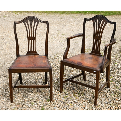 116 - A set of six Hepplewhite style mahogany dining chairs, carved with wheatsheaf motif and with brown l... 