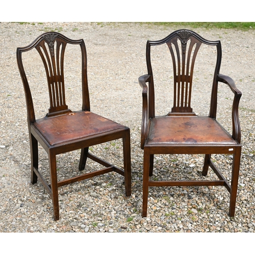 116 - A set of six Hepplewhite style mahogany dining chairs, carved with wheatsheaf motif and with brown l... 