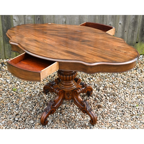 119 - A Victorian style bright mahogany centre table, with frieze drawer to each side, raised on four moul... 