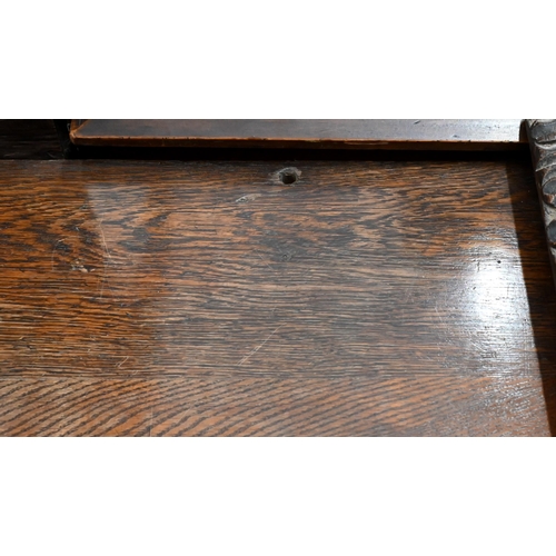 133 - A 19th century oak side table with single frieze drawer, turned supports and open undertier, 92 x 50... 