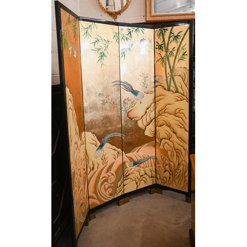 138 - A Chinese lacquered four panel folding screen with gilt and polychrome landscape and birds, 160 cm w... 