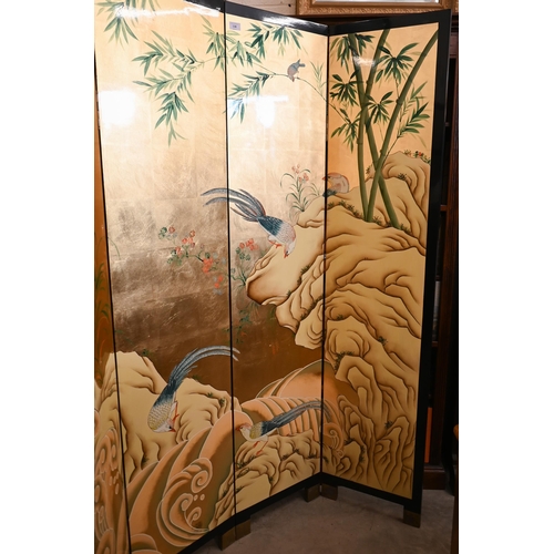 138 - A Chinese lacquered four panel folding screen with gilt and polychrome landscape and birds, 160 cm w... 