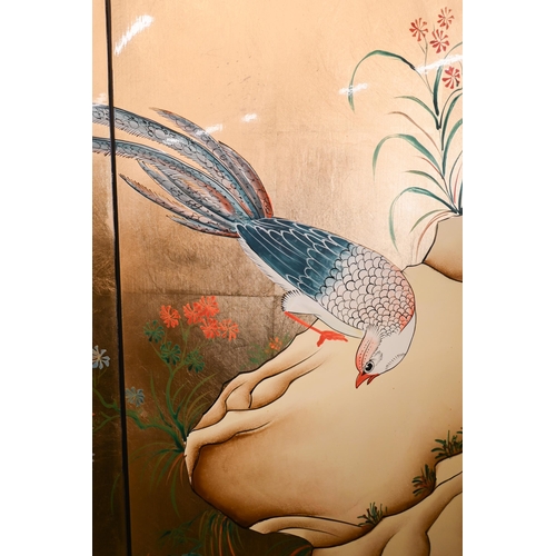 138 - A Chinese lacquered four panel folding screen with gilt and polychrome landscape and birds, 160 cm w... 