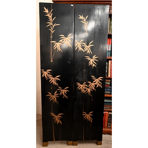 138 - A Chinese lacquered four panel folding screen with gilt and polychrome landscape and birds, 160 cm w... 