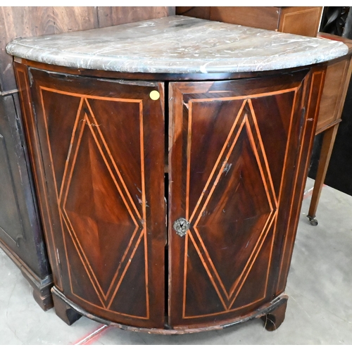 143 - #A French kingwood inlaid marble top corner cupboard with two doors, standing on bracket feet, 80 cm... 