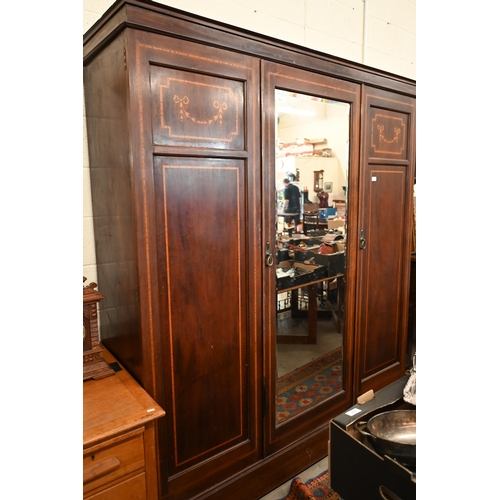 157 - Edwardian Sheraton revival inlaid mahogany compactum wardrobe mirrored and panelled doors enclosing ... 