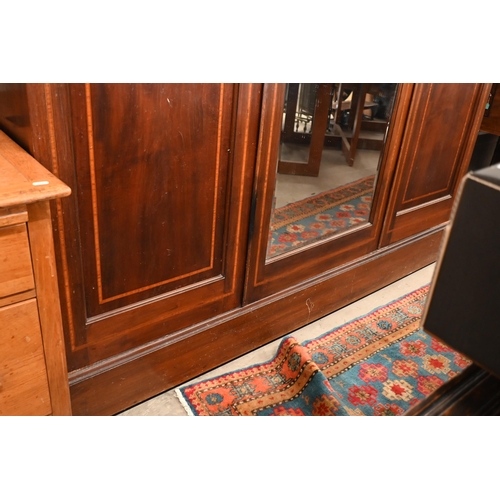 157 - Edwardian Sheraton revival inlaid mahogany compactum wardrobe mirrored and panelled doors enclosing ... 