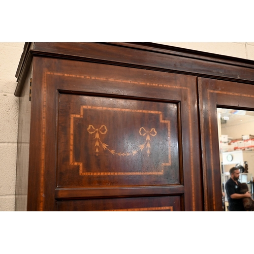 157 - Edwardian Sheraton revival inlaid mahogany compactum wardrobe mirrored and panelled doors enclosing ... 