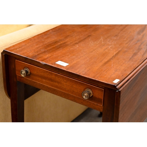 172 - A 19th century mahogany Pembroke table with end drawer and tapering square supports with casters, 80... 