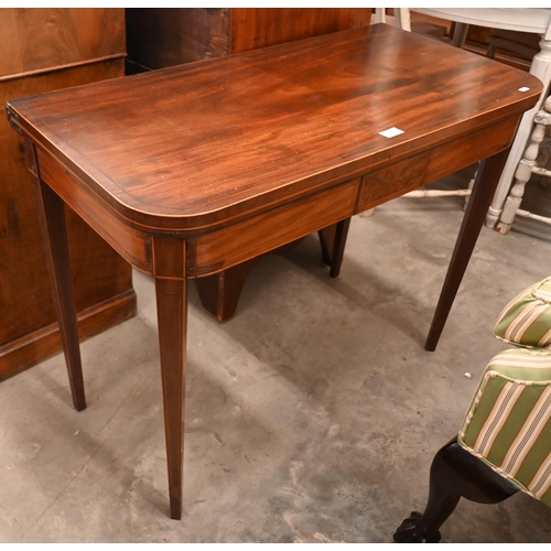 175 - A 19th century mahogany folding card table with baize lining and tapering square supports, 92 x 45 x... 