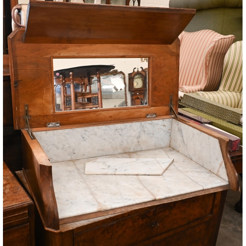 176 - A 19th century French burr walnut washstand (possibly maritime), the hinged top with marble lined in... 