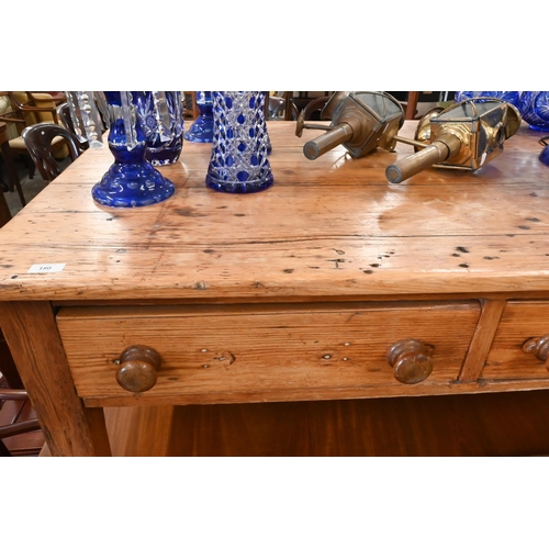 180 - A rustic waxed pine rectangular coffee table with two drawers, 138 x 86 x 45 cm